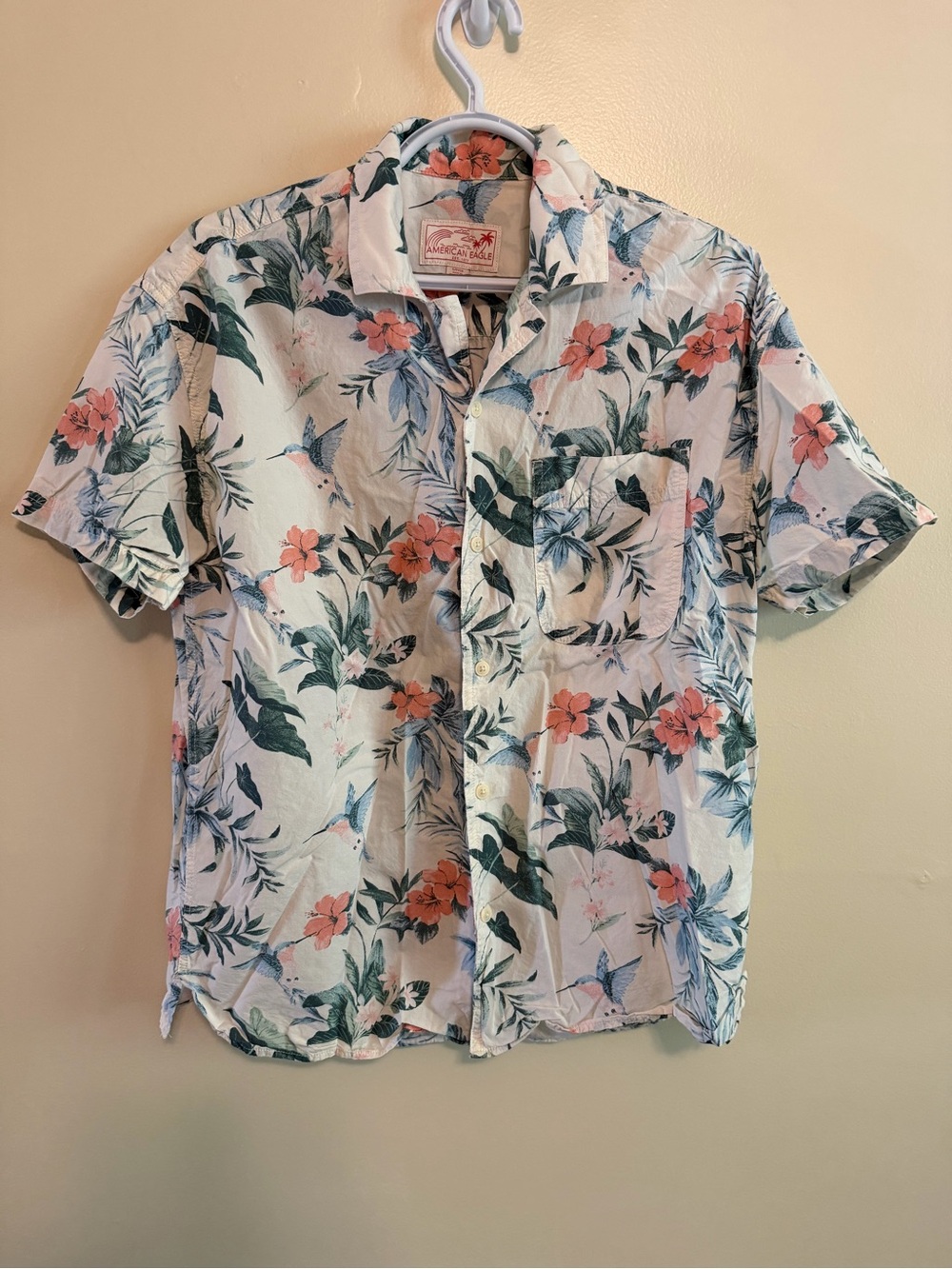 American Eagle Outfitters White Floral Short-Sleeve Button-Down Shirt